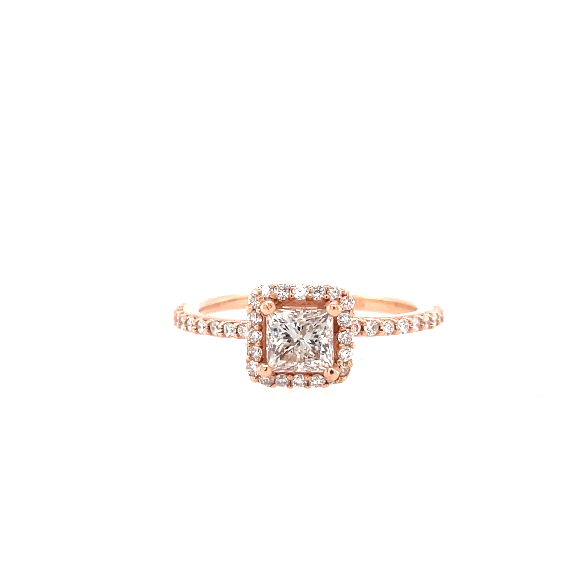 477635 14K ROSE AND YELLOW GOLD .90TCW PRINCESS CUT CENTER HALO DIAMOND BAND ENGAGEMENT RING