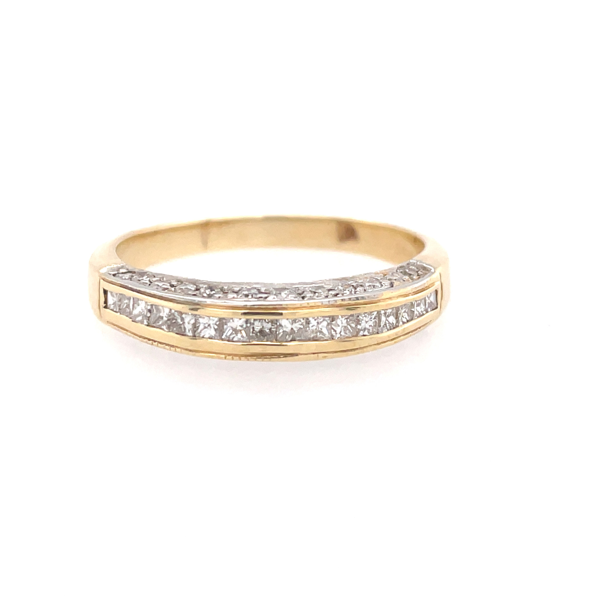 475225 14K 2 TONE PRINCESS CUT AND ROUND DIAMOND CHANNEL SET WEDDING BAND