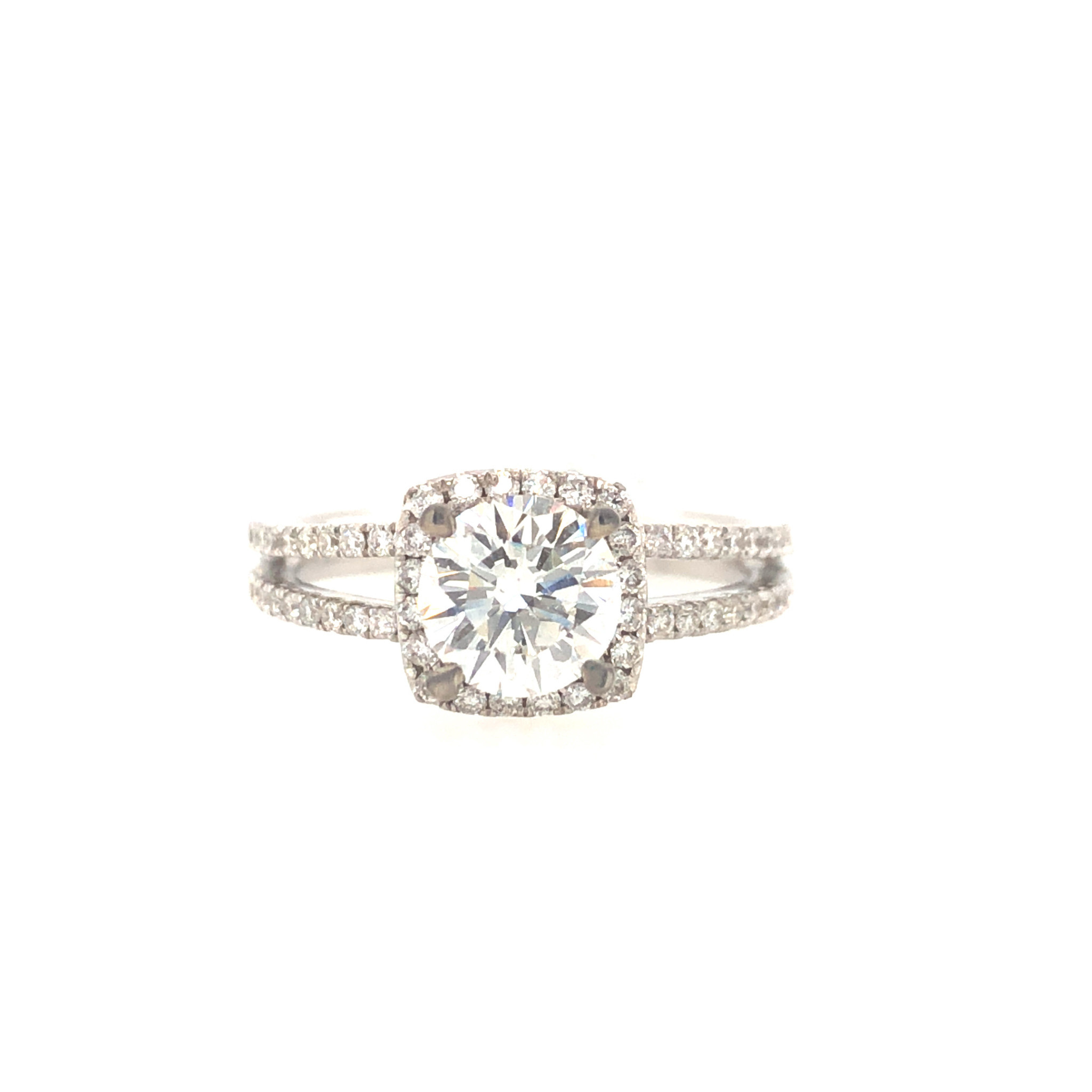 475725 18K WHITE GOLD 1.45 TCW SPLIT SHANK CUSHION HALO SETTING ENGAGEMENT RING H VS2