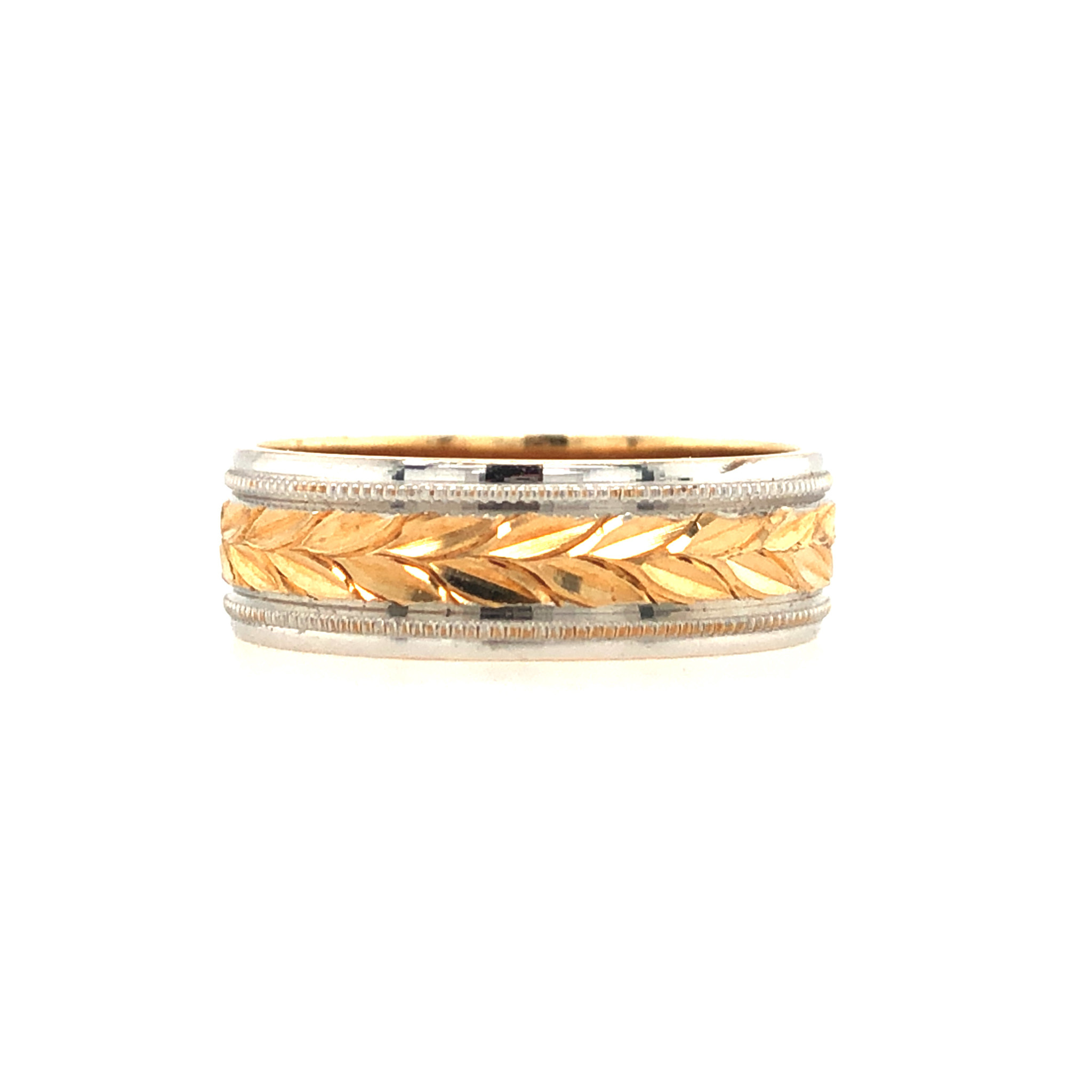 475134 14K 2 TONE DIAMOND CUT LEAF DESIGN WEDDING BAND