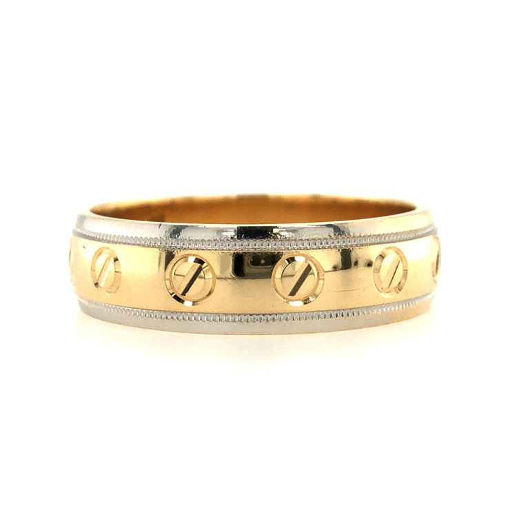 475736 14K TWO TONE CARTIER SCREW DESIGN WITH MILGRAIN EDGES MENS WEDDING BAND