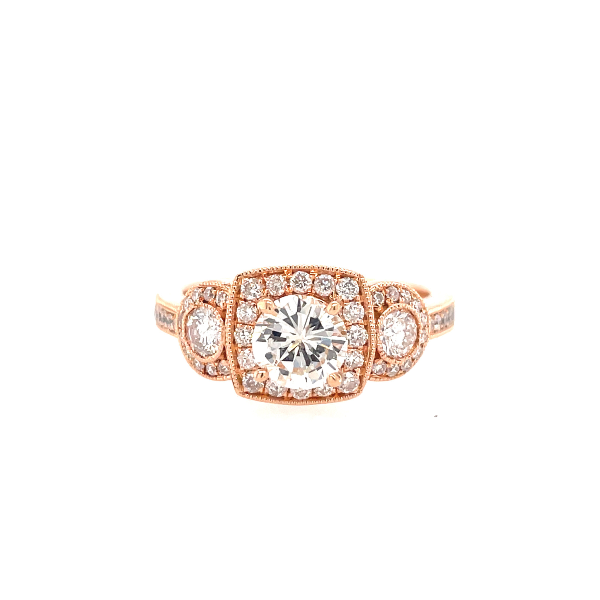 475029 14K ROSE GOLD .65TCW I SI2 ROUND CENTER CUSHION HALO MILGRAIN DESIGN ENGAGEMENT RING