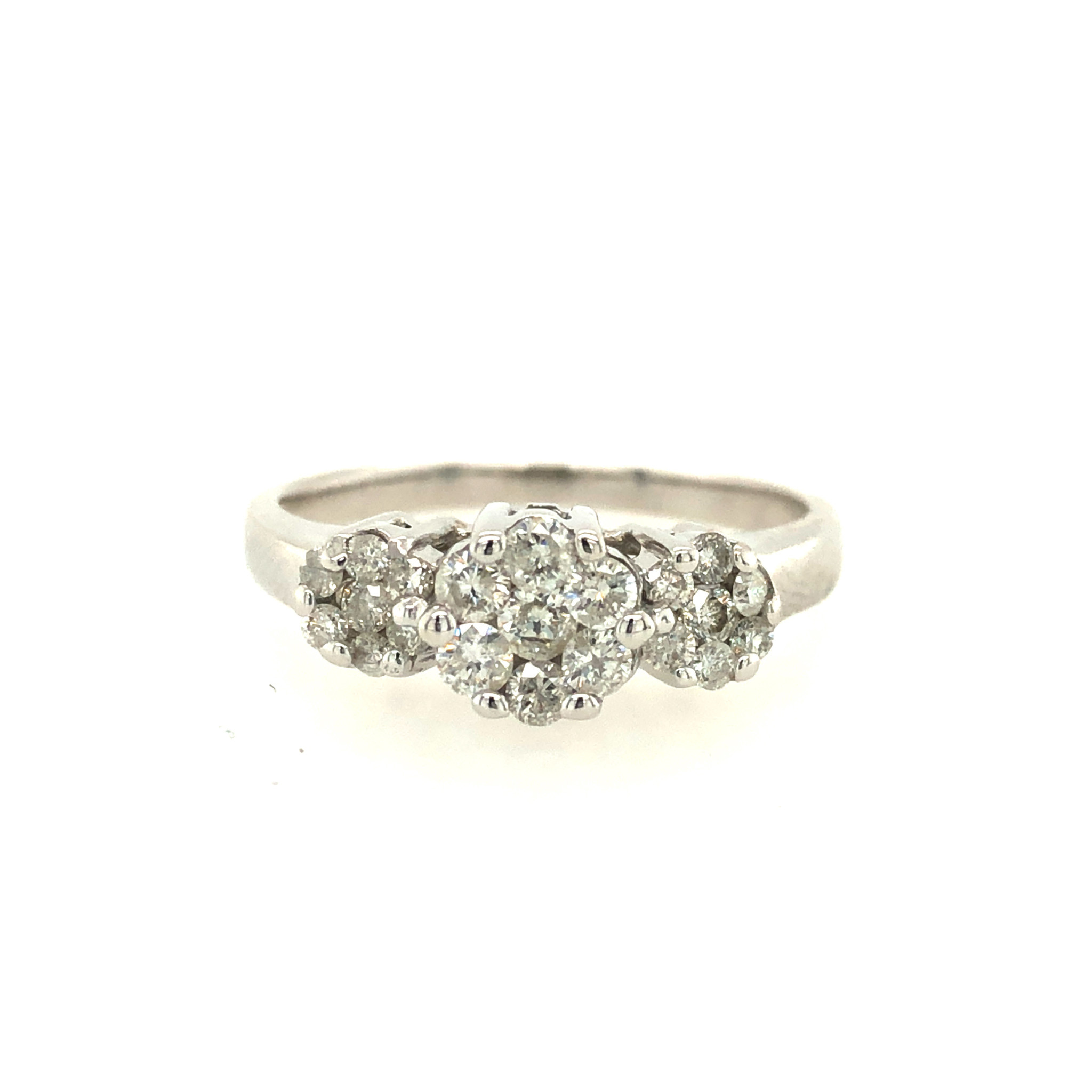 40031 14K WHITE GOLD .50TCW DIAMOND CLUSTER FLOWER PAST-PRESENT-FUTURE RING