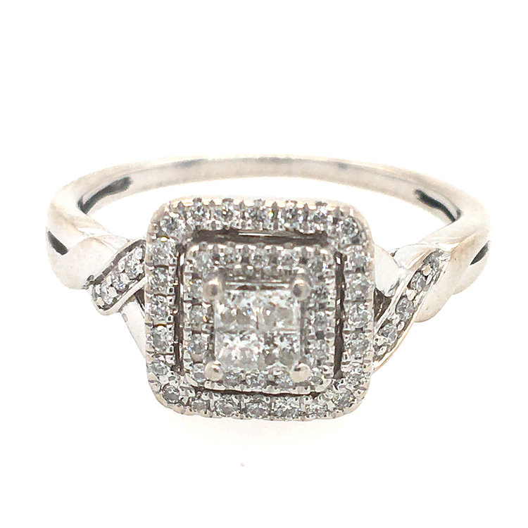 40036 14K WHITE GOLD .25TCW DIAMOND INVISIBLE SET PRINCESS CUT CENTER AND DOUBLE HALO RING