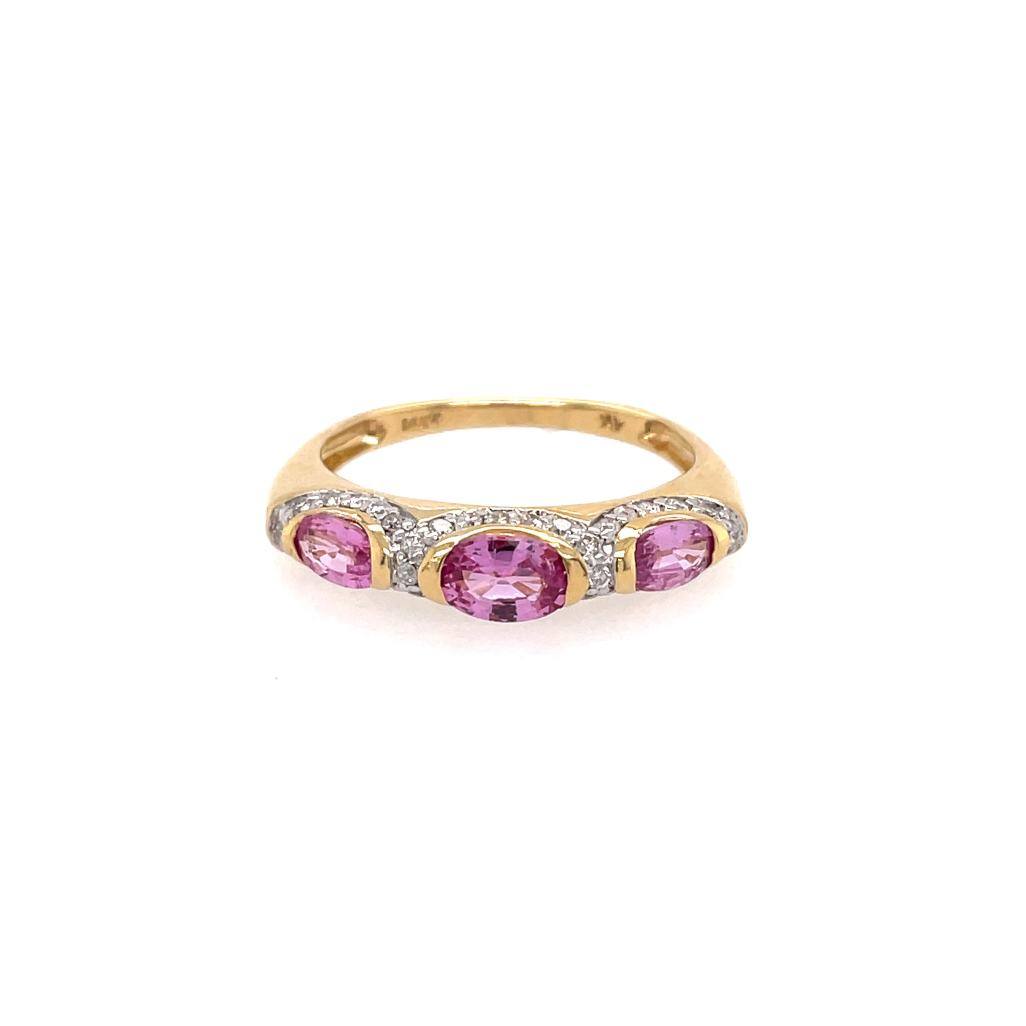40328 14K YELLOW GOLD TRIO OVAL PINK SAPPHIRES AND DIAMOND RING