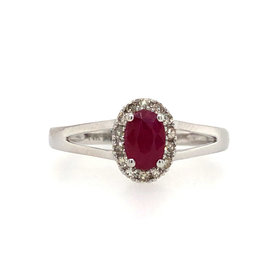 457631 14K WHITE GOLD  .10TCW DIAMOND HALO OVAL  RUBY .48CT SPLIT SHANK RING