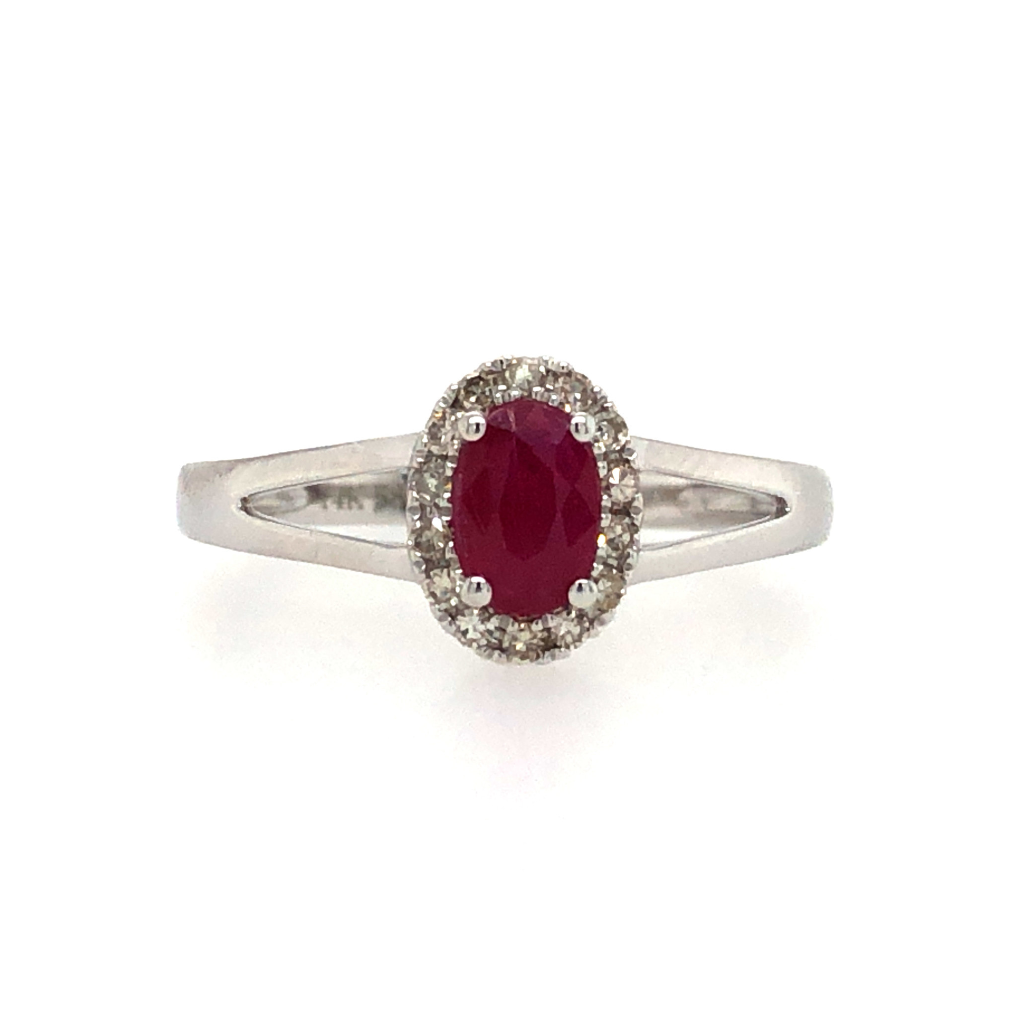 457631 14K WHITE GOLD .10TCW DIAMOND HALO OVAL RUBY .48CT SPLIT SHANK RING
