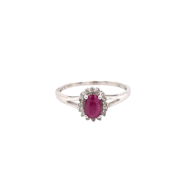41140 14K WHITE GOLD OVAL RUBY AND DIAMOND HALO SPLIT SHANK RING