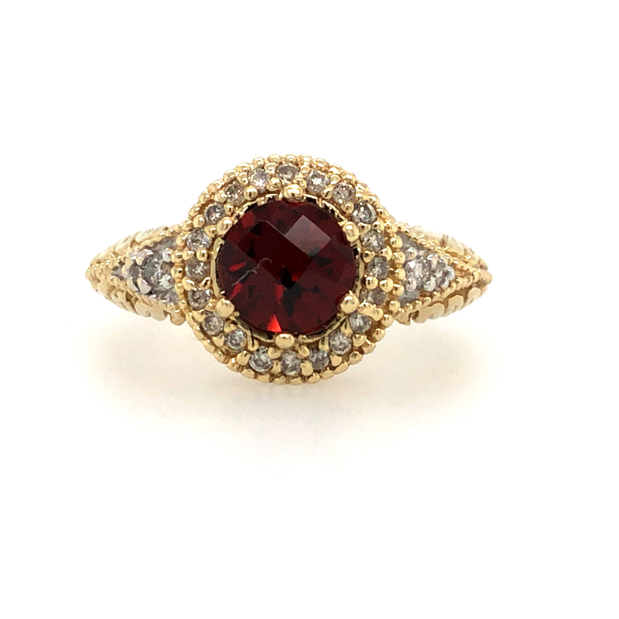 41156 14K YELLOW GOLD ROUND GARNET CENTER WITH .30TCW DIA HALO MILIGRAIN ANTIQUE DESIGN RING
