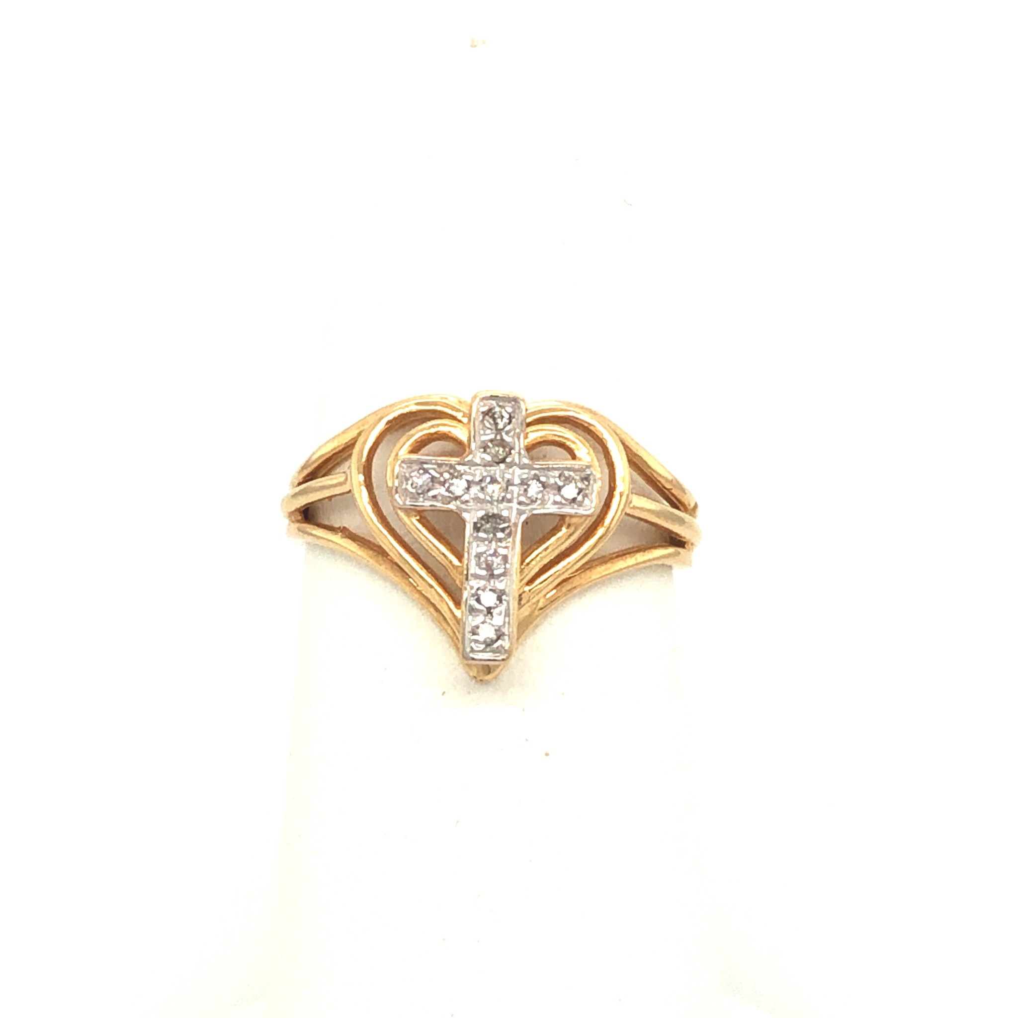 41159 14K 2 TONE .10TCW DIAMOND CROSS IN HEART RING