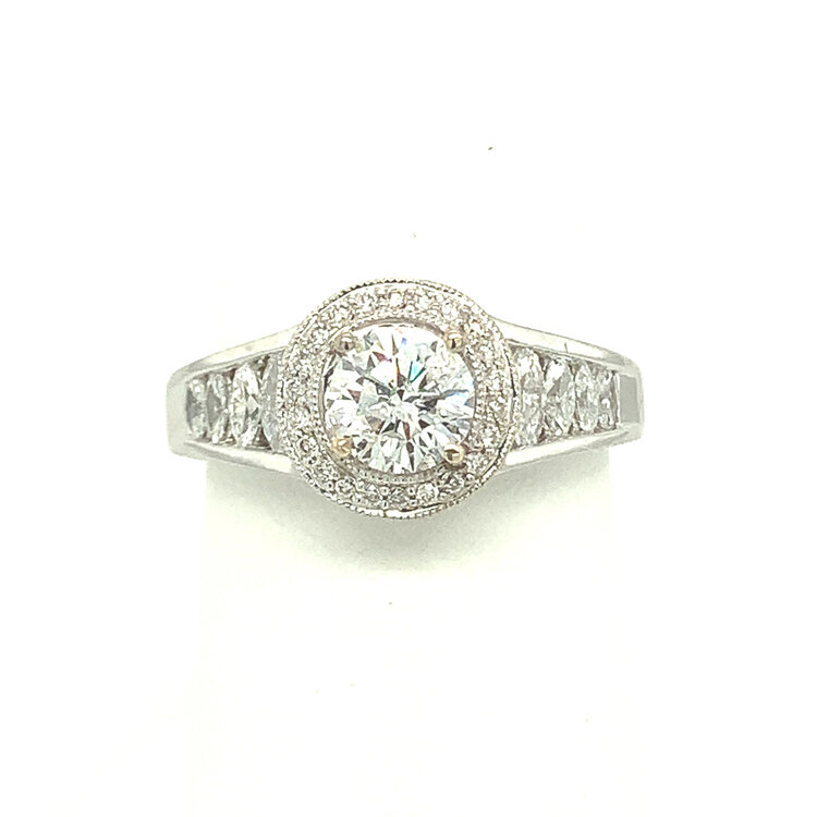 475001 14K WHITE GOLD .72TCW G I1 ROUND DIAMOND CENTER HALO CHANNEL SET MARQUIS DIAMOND SHANK ENGAGEMENT RING