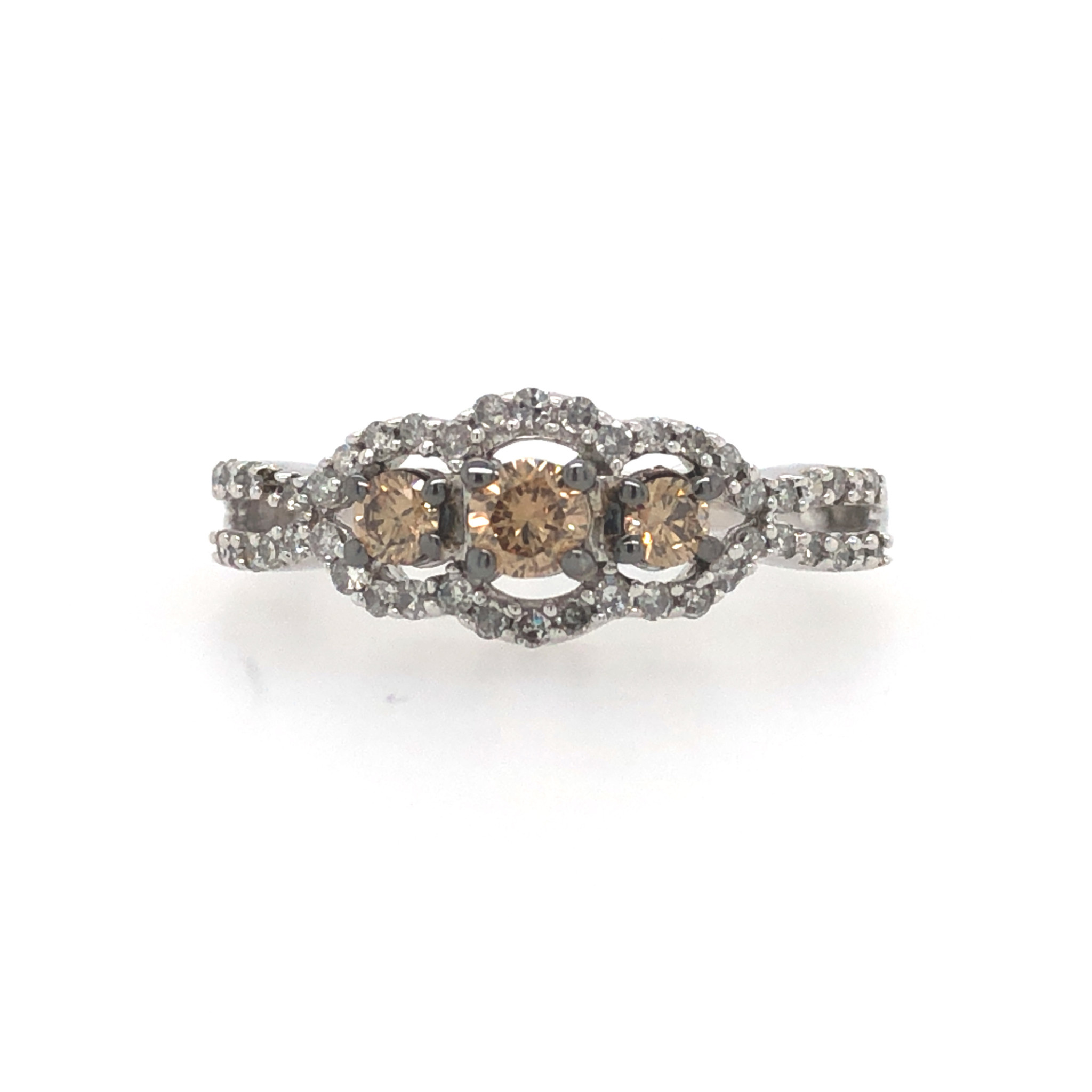40907 10K WHITE GOLD .50TCW 3 CHAMPAGNE DIAMOND HALO RING
