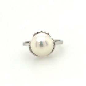 40280 18K WHITE GOLD 10MM PEARL DIAMOND PETALS FLORAL RING
