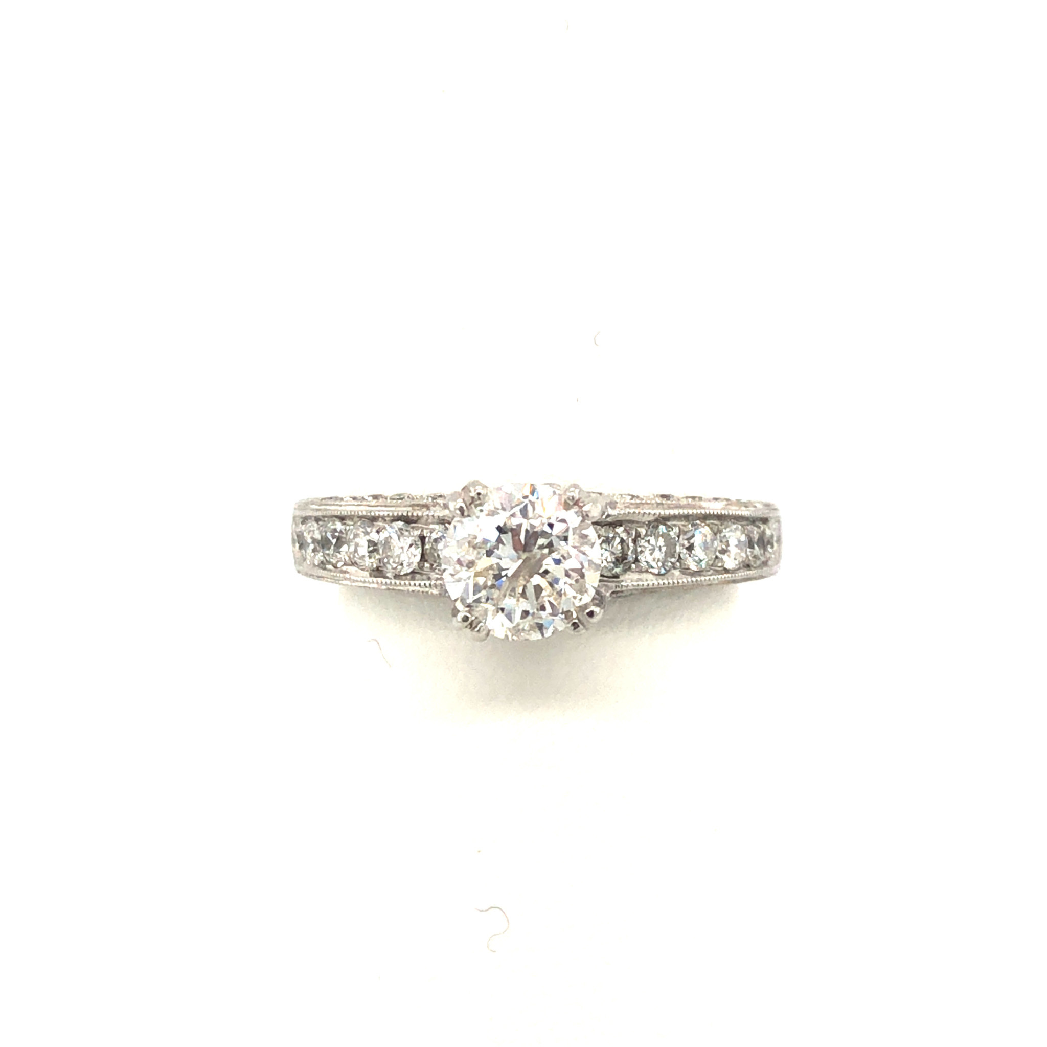 475016 14K WHITE GOLD 1.01 CT H I1 ROUND CENTER MILGRAIN BEADED DESIGN ENGAGEMENT RING