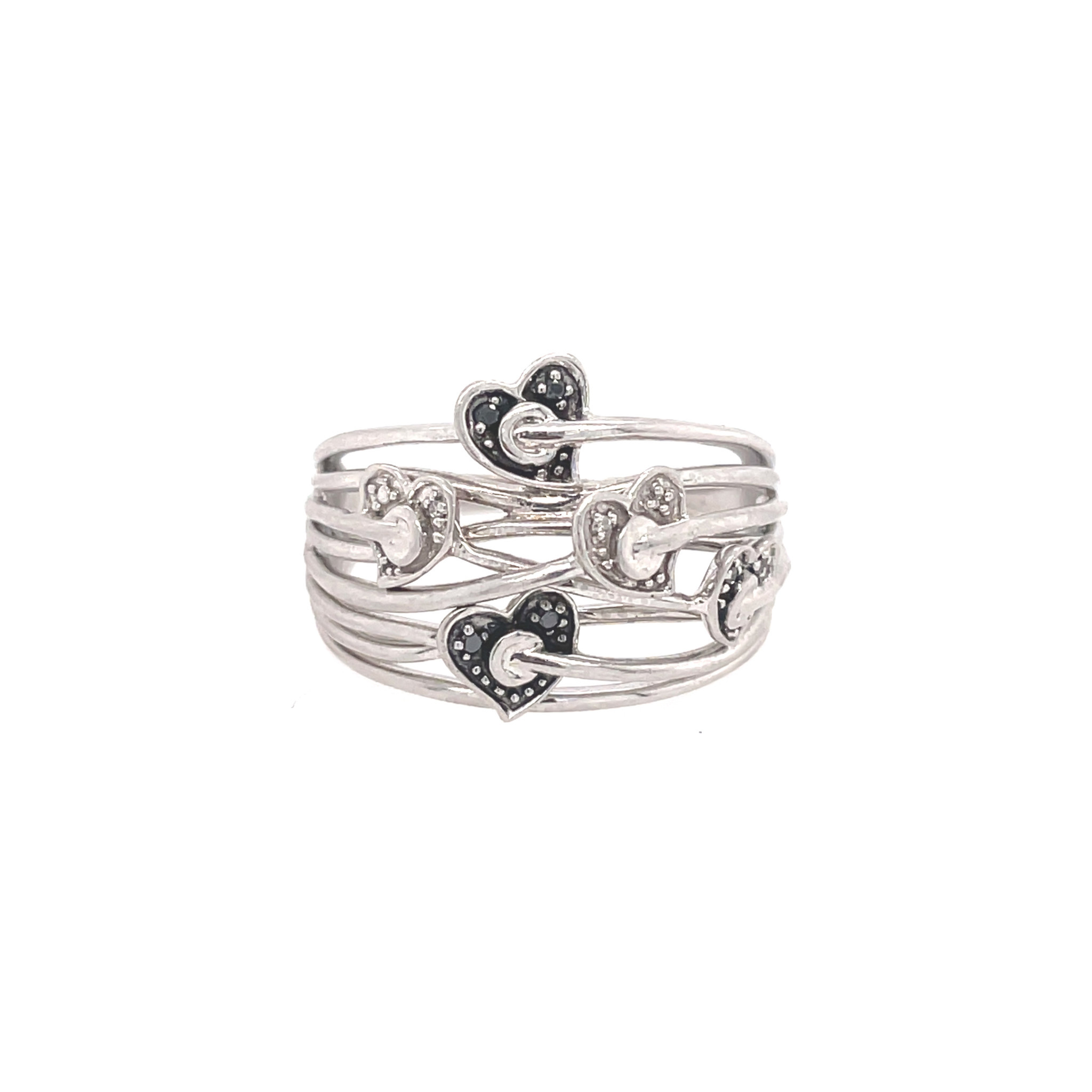 457633 10K WHITE GOLD BLACK AND WHITE DIAMOND HEARTS BRAIDED WAVE DESIGN RING