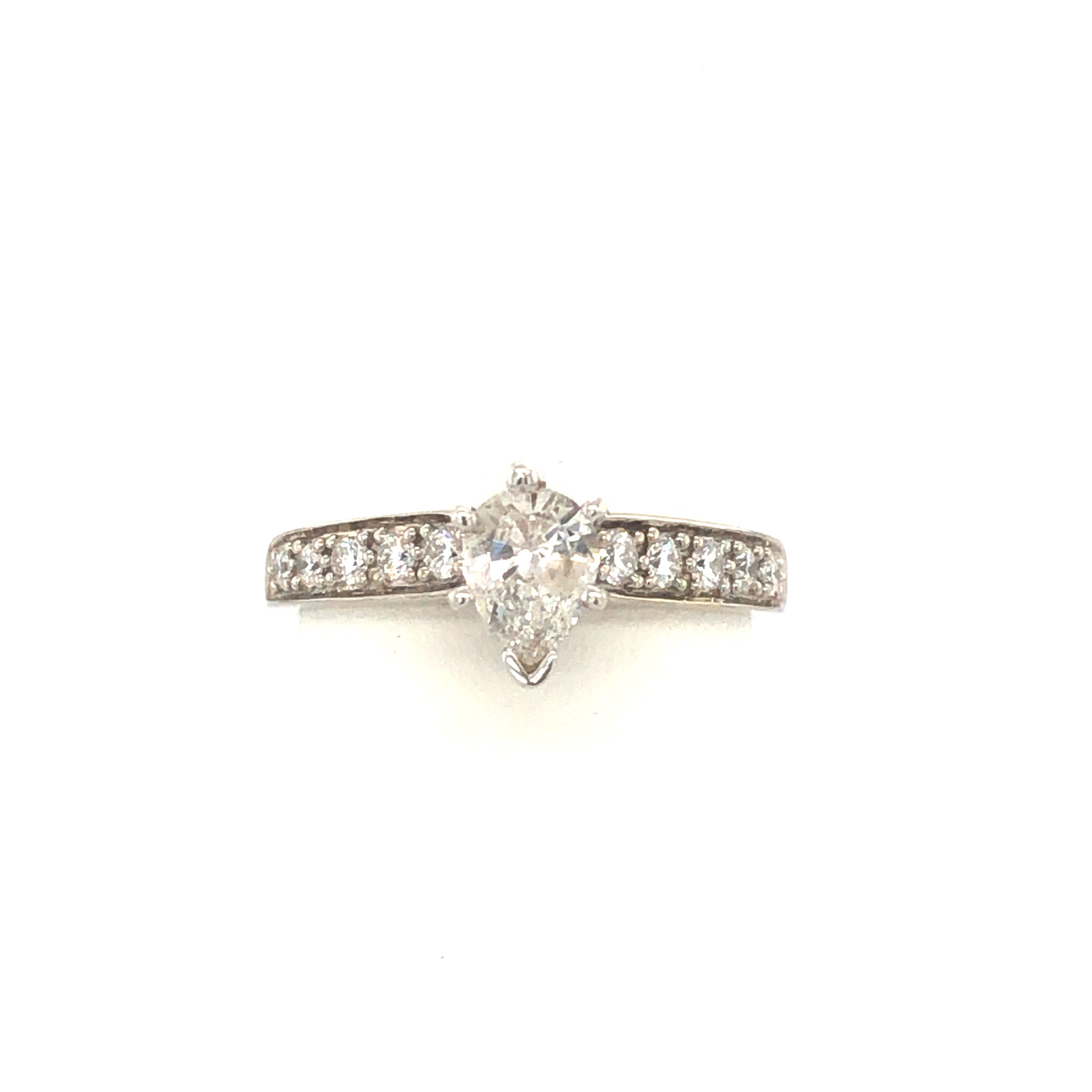 475382 14K WHITE GOLD .52TCW H I1 PEAR DIAMOND CENTER BEADED CHANNEL SET ENGAGEMENT RING