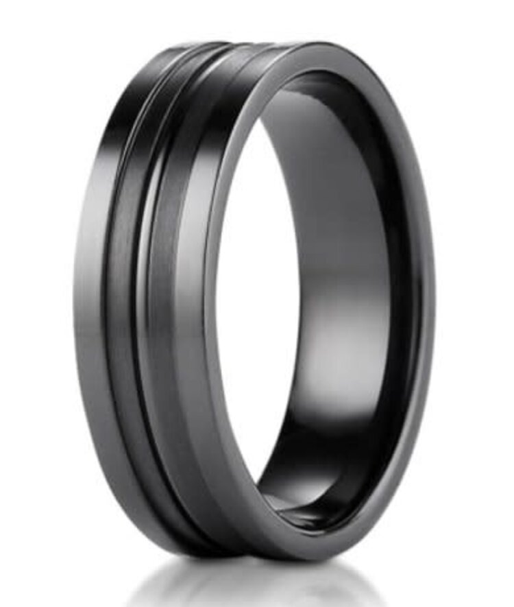 475387 BENCHMARK BLACK TITANIUM HIGH POLISH AND SATIN FINISH STRIPED MENS WEDDING BAND