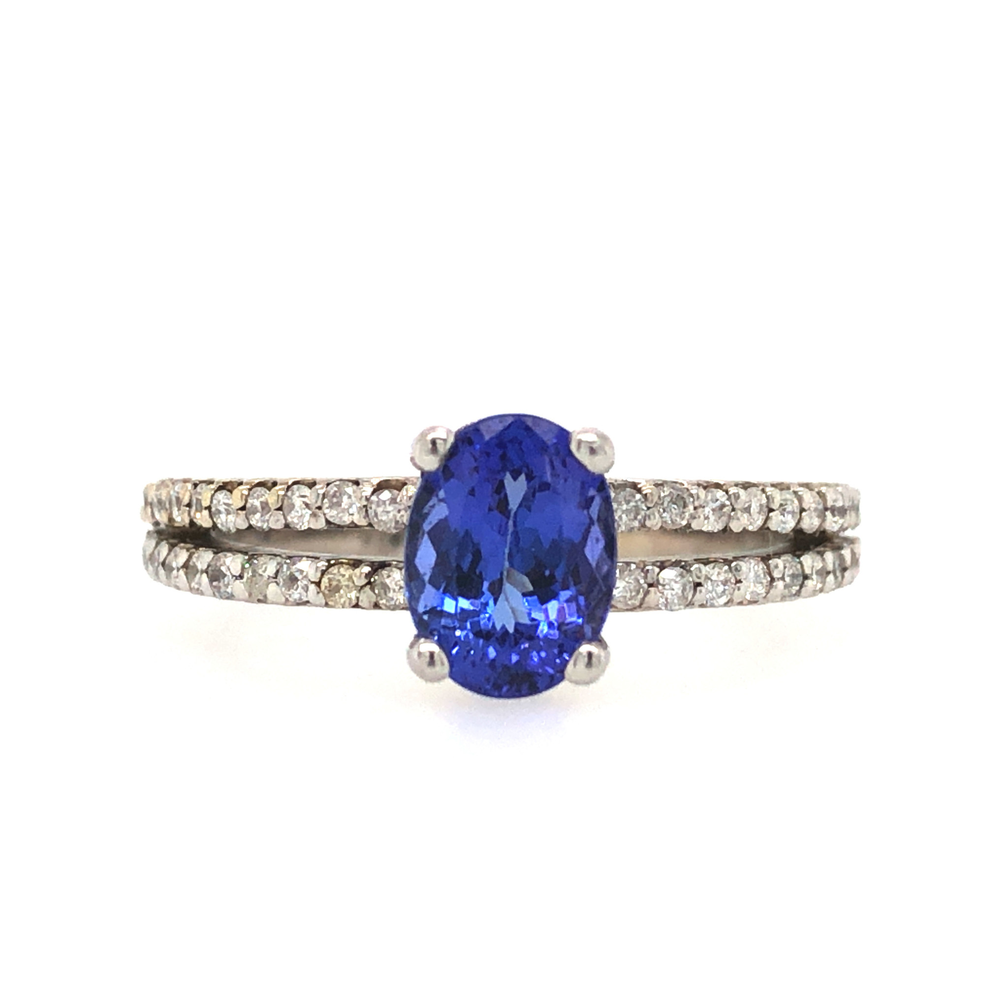 40861 14K WHITE GOLD OVAL 1.5CT TANZANITE DIAMOND SPLIT SHANK RING