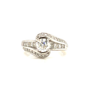 475021 14K WHITE GOLD .70TCW H SI2 ROUND CENTER PRINCESS CUT AND ROUND SWIRL BYPASS DESIGN ENGAGEMENT RING