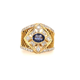 477985 18K YELLOW GOLD  .30TCW DIAMOND MESH DESIGN TANZANITE OVAL CENTER RING