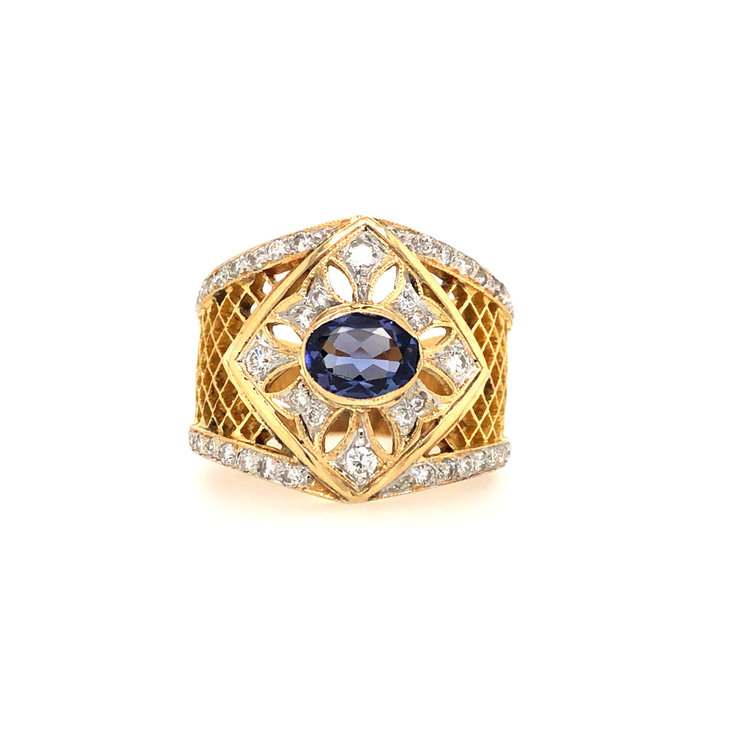 477985 18K YELLOW GOLD  .30TCW DIAMOND MESH DESIGN TANZANITE OVAL CENTER RING