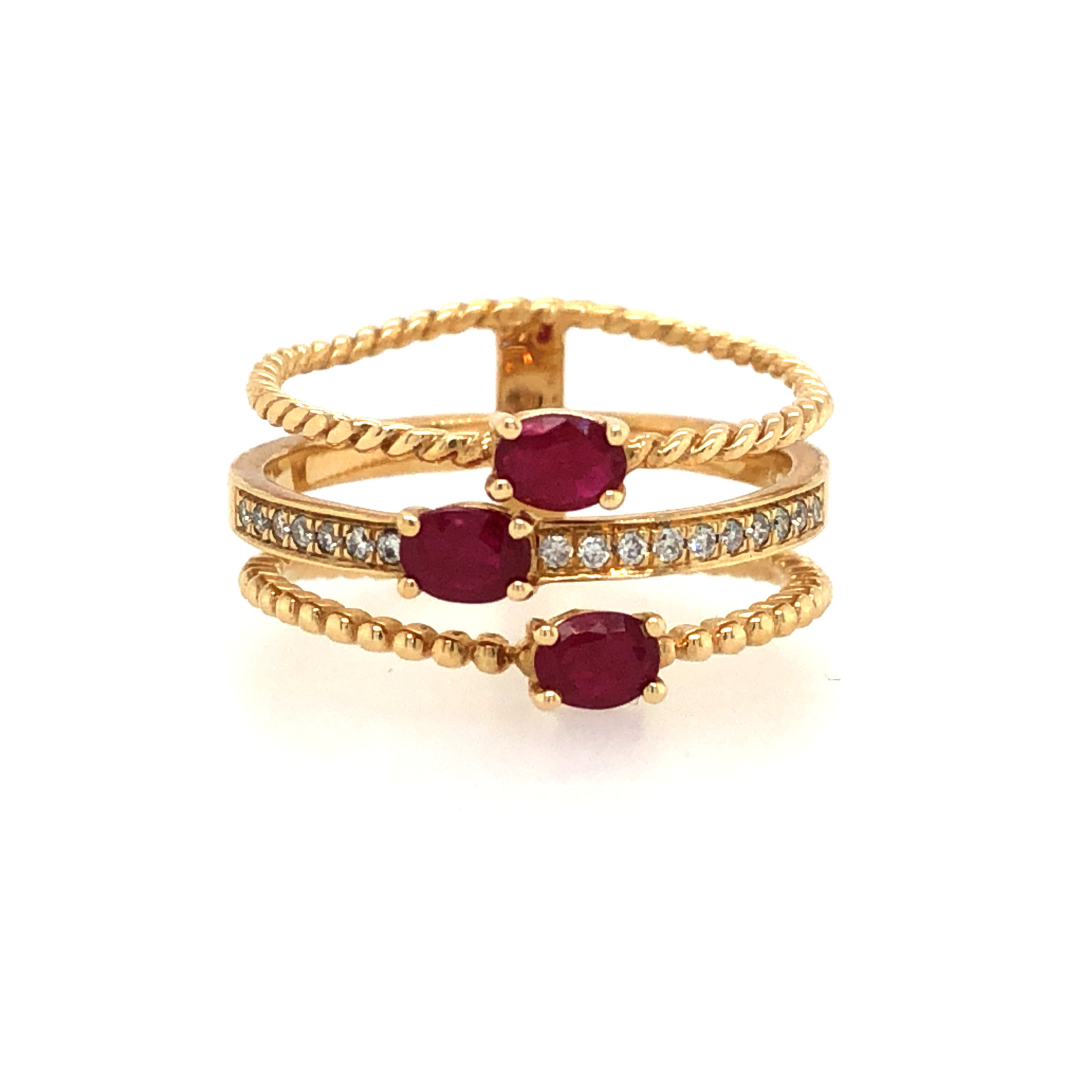 477658 14K YELLOW GOLD TRIPLE ROW OVAL .85TCW RUBY DIAMOND RING