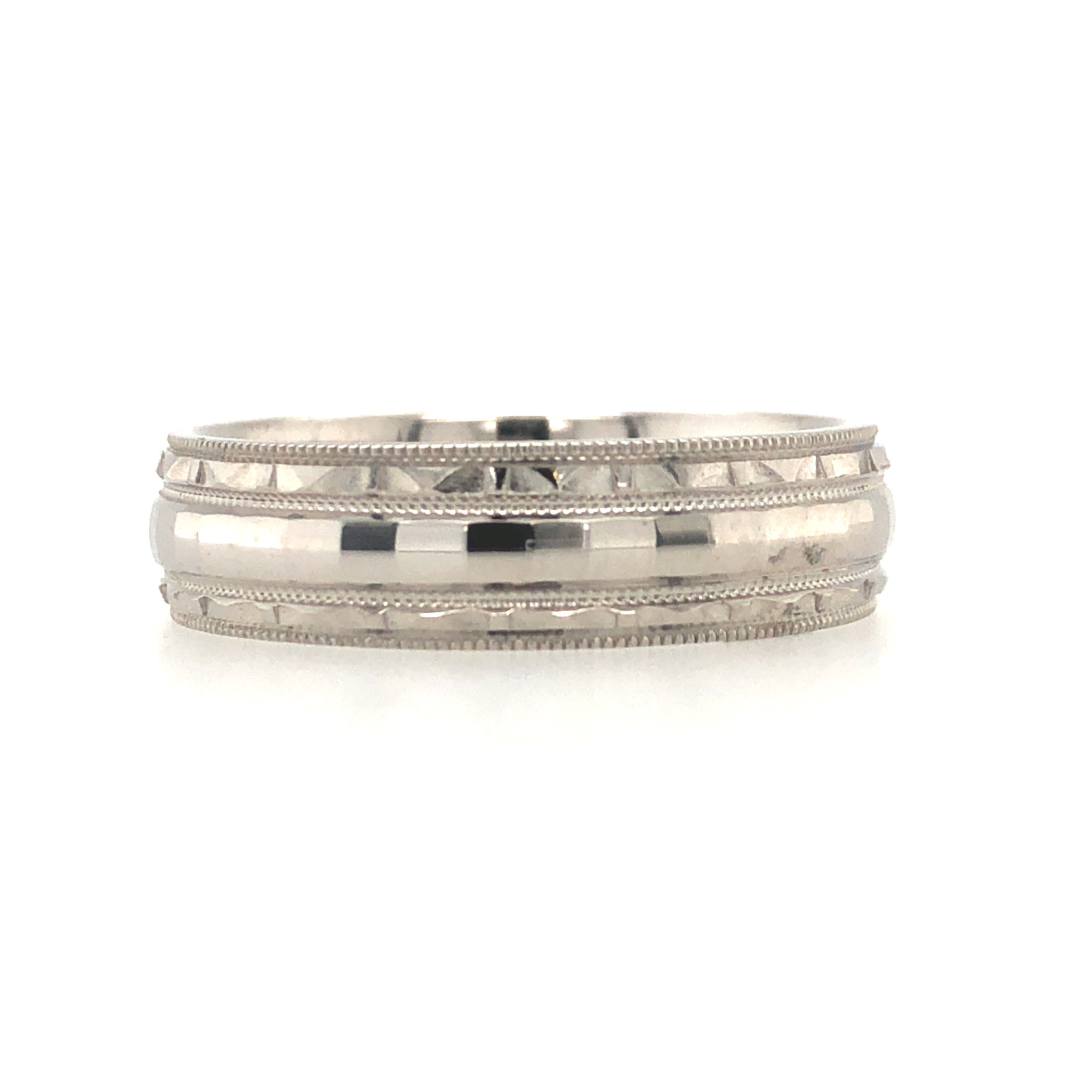 475625 14K WHITE GOLD 6MM DISCO BALL CENTER FLORAL CUT EDGES WEDDING BAND