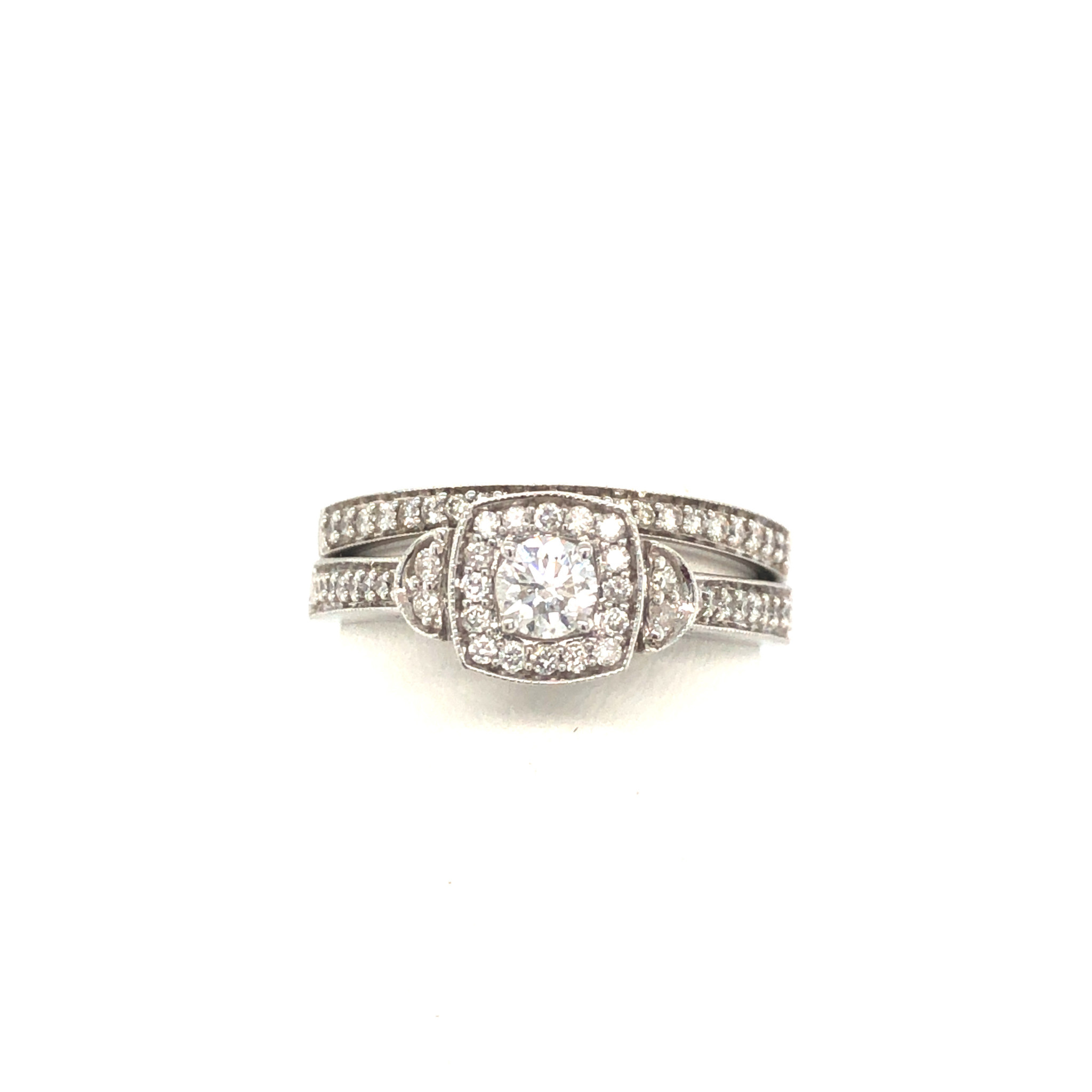 475321 14K WHITE GOLD .54TCW ROUND DIAMOND CENTER BEADED SET DESIGN CUSHION HALO ENGAGEMENT AND WEDDING BAND SET