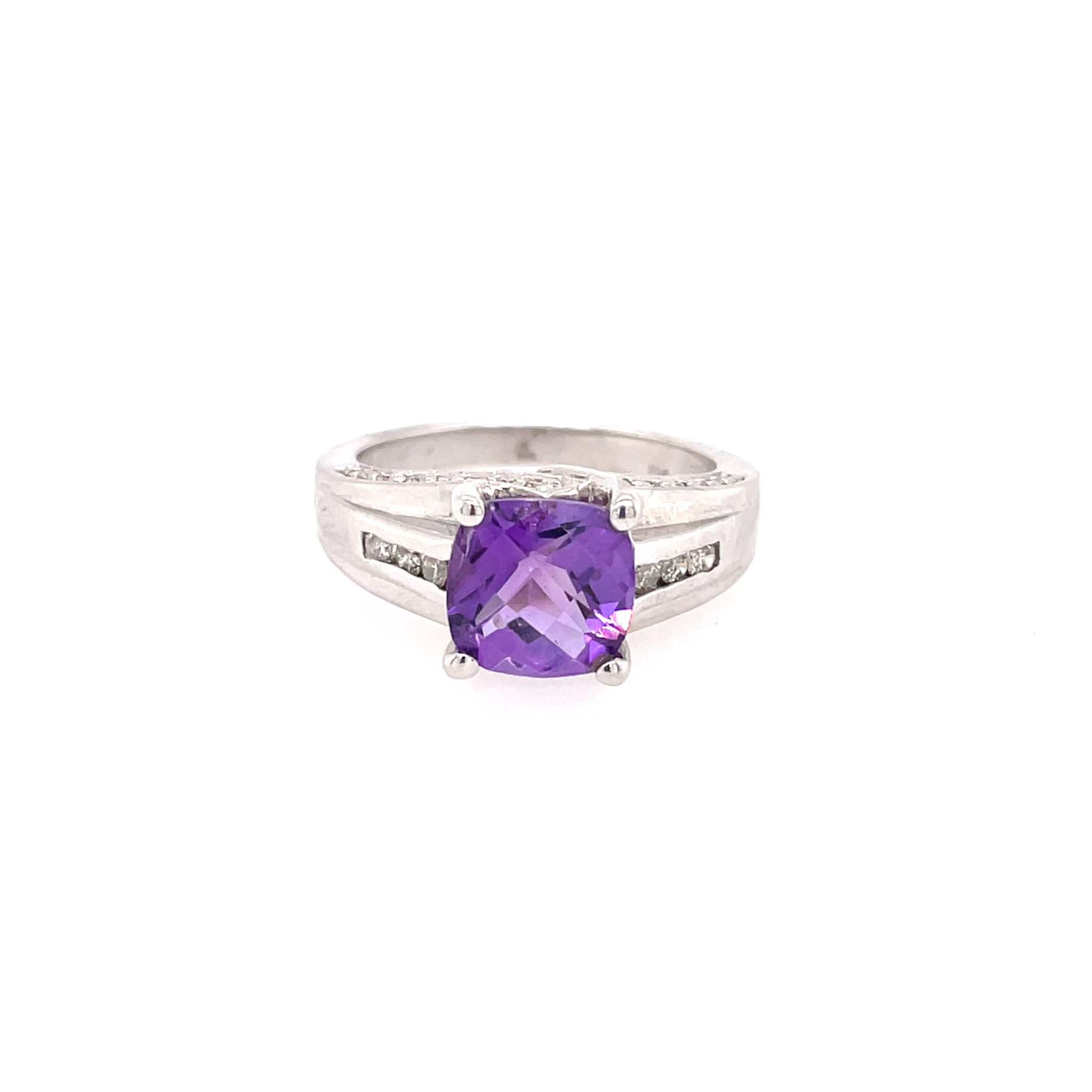 40263 14K WHITE GOLD CUSHION CUT AMETHYST CENTER CHANNEL SET DIAMOND RING
