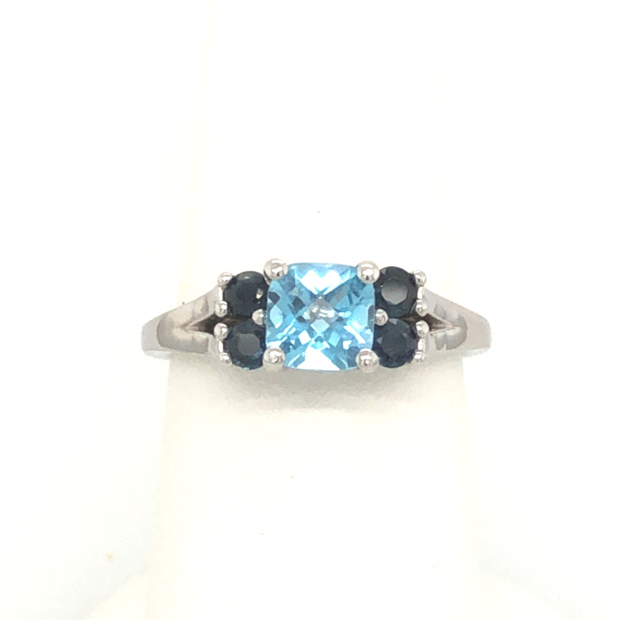 40863 14K WHITE GOLD CUSION SHAPE TOPAZ WITH SAPPHIRES ON SIDES RING