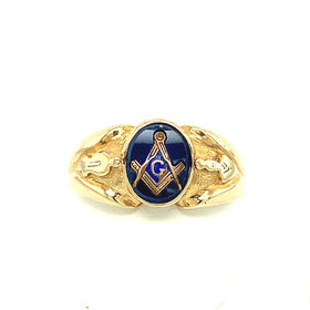 45009 10K YELLOW GOLD  BLUE STONE SCROLL MASON RING