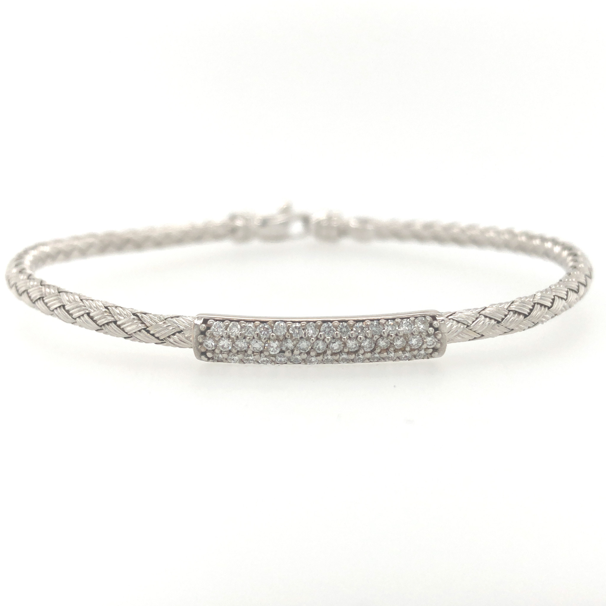 20434 14K WHITE GOLD DIAMOND PAVE SET BAR BRAIDED FLEXIBLE BANGLE BRACELET