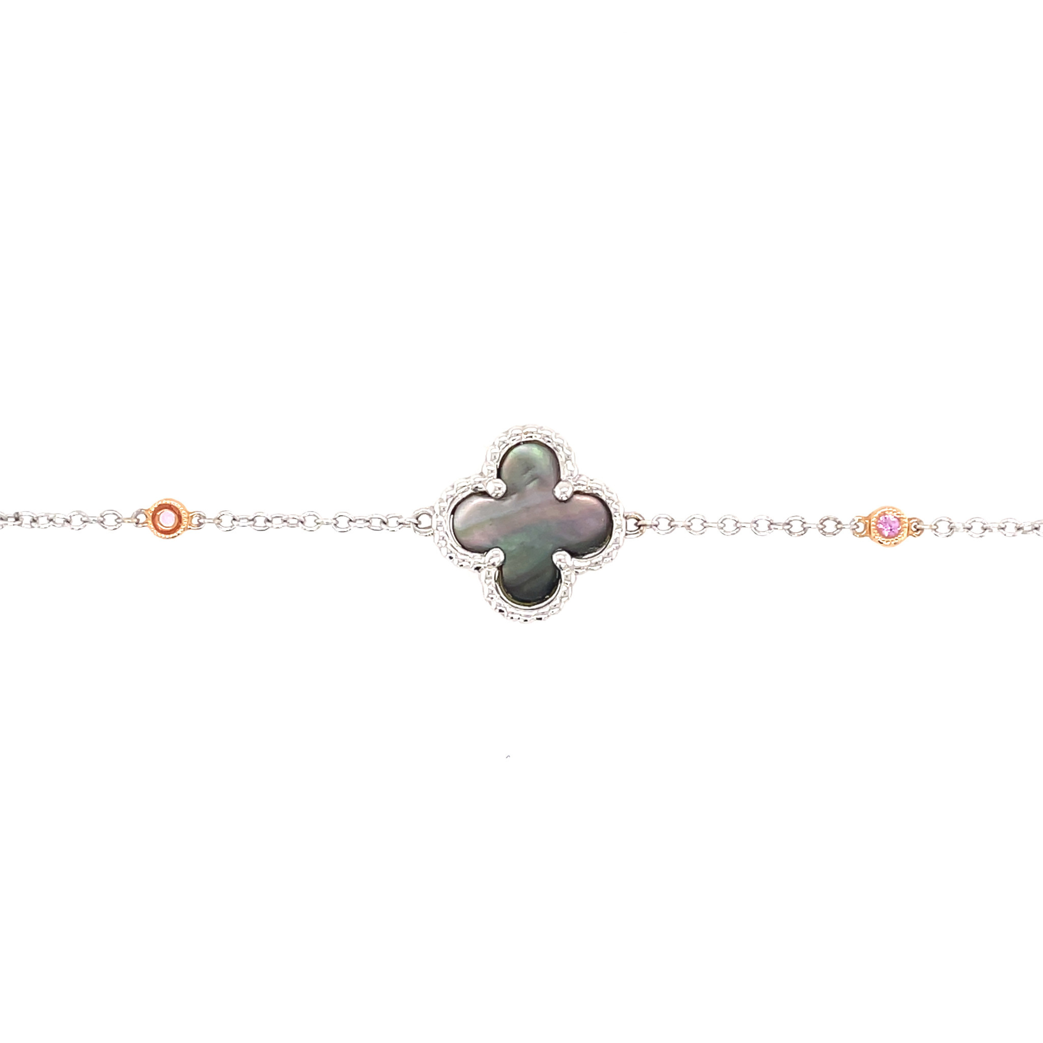20907 18K WHITE GOLD CLOVER BLACK MOTHER OF PEARL WITH PINK SAPPHIRE BRACELET