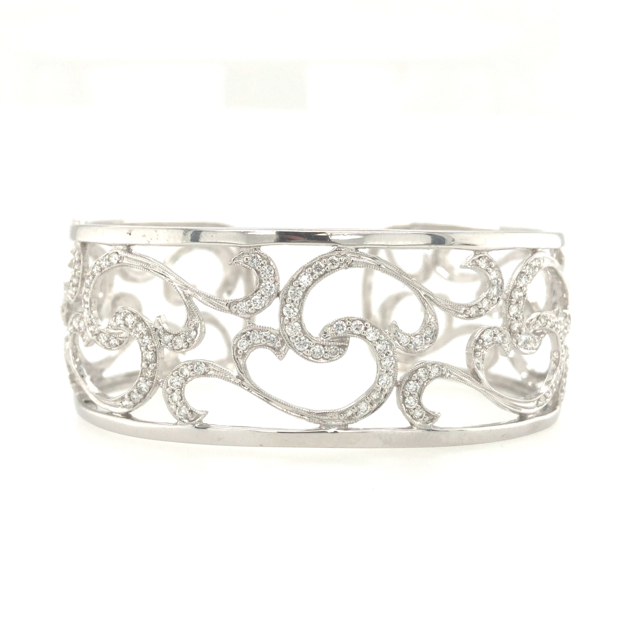 20620 18K WHITE GOLD 2CT DIAMOND SWIRL WIDE CUFF OPEN BRACELET