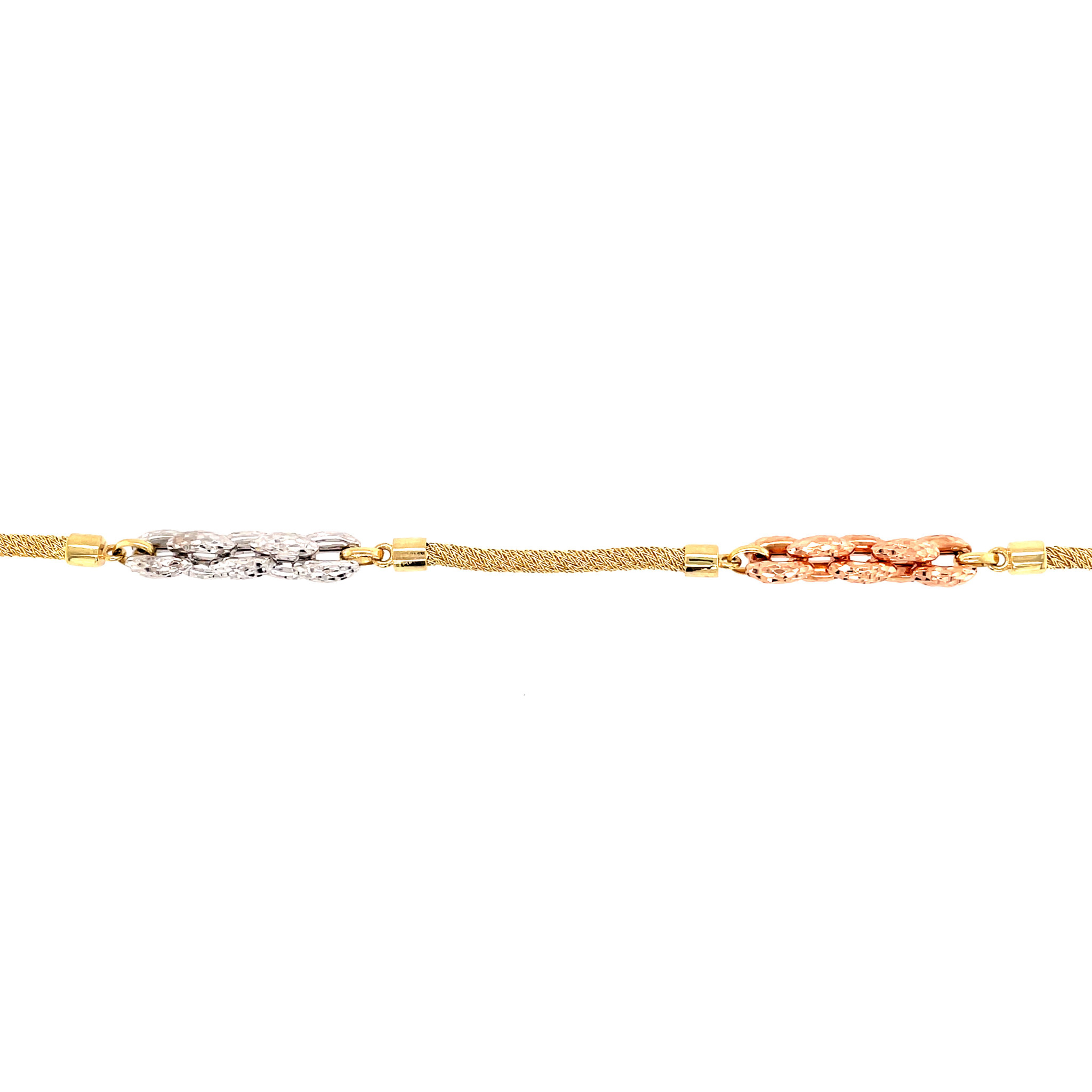 20928 14K TRI COLOR MESH TUBE AND THICK CABLE LINK DIAMOND CUT BRACELET