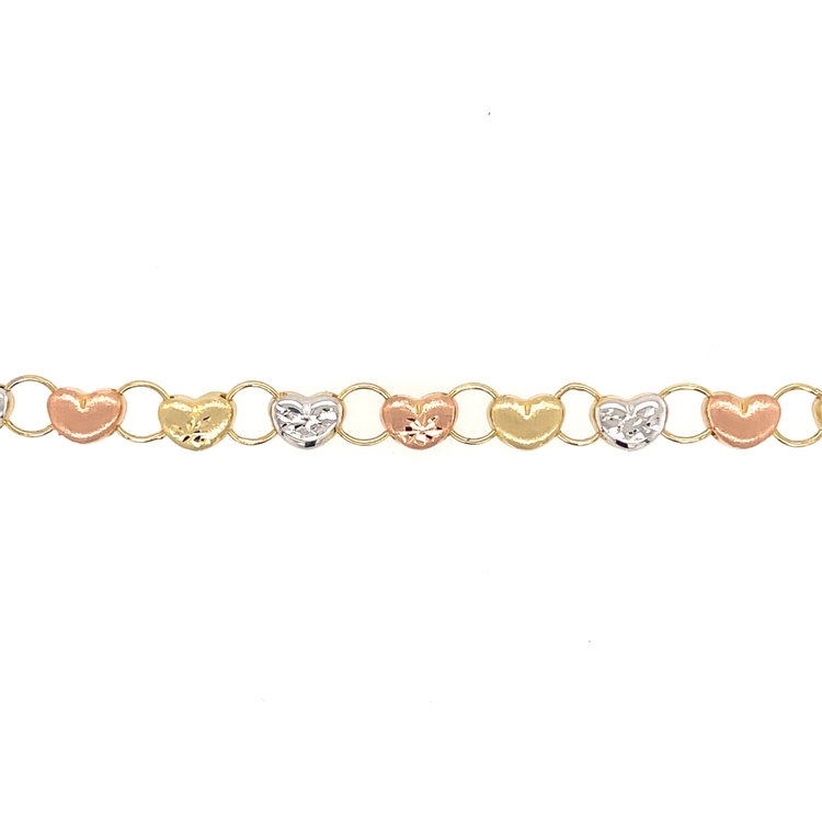 20862 14K TRI COLOR SATIN AND DIAMOND CUT PUFFY HEART BRACELET