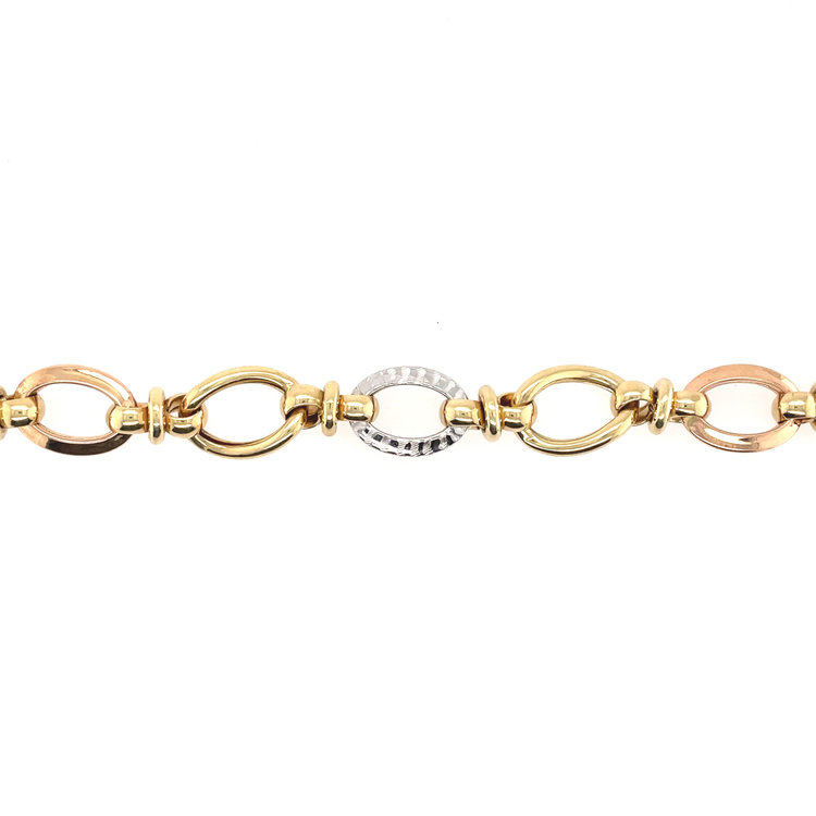 20422 14K TRI COLOR OPEN ROUND SEMI HOLLOW LINK BRACELET