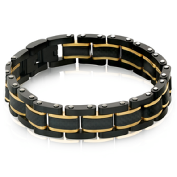 SMB205 BLACK-GOLD-IP S.STEEL POLISHED- BRUSHED CARBON-FIBER MENS BRACELET