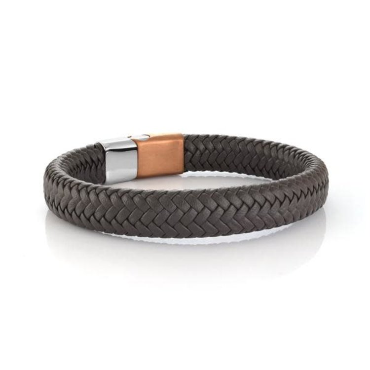 SLB507 S.STEEL COFFE-IP MATTE POLISHED SIDEWAYS- CLASP BROWN LEATHER BRACELET
