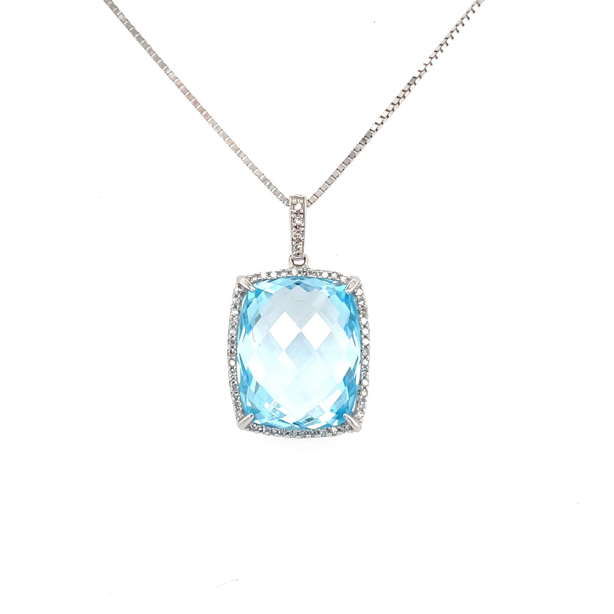 72792 14K WHITE GOLD .15TCW DIAMOND HALO WITH LARGE BLUE TOPAZ CENTER PENDANT SET