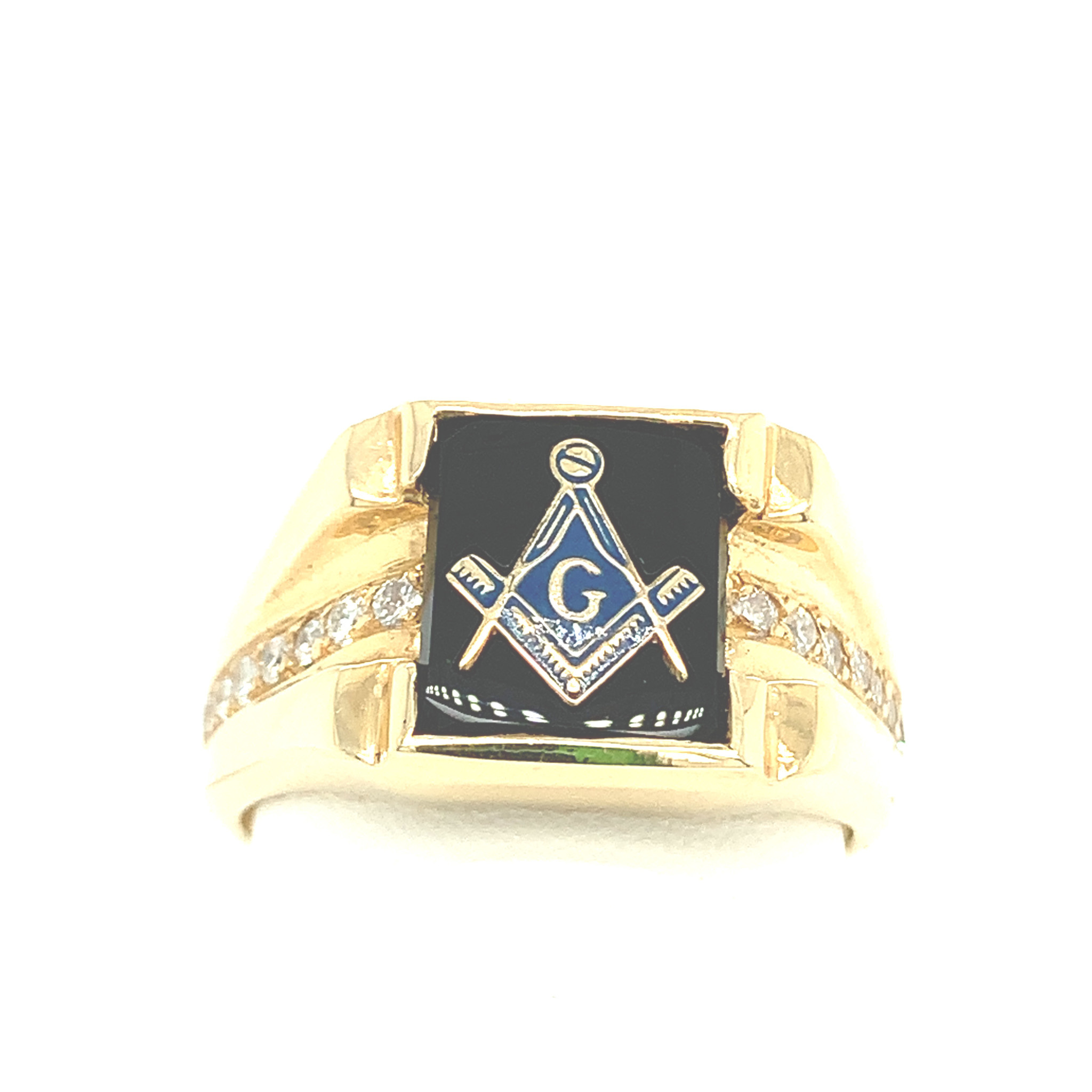 45179 14K YELLOW GOLD ONYX MASON RING WITH DIAMONDS ALONG THE SIDE