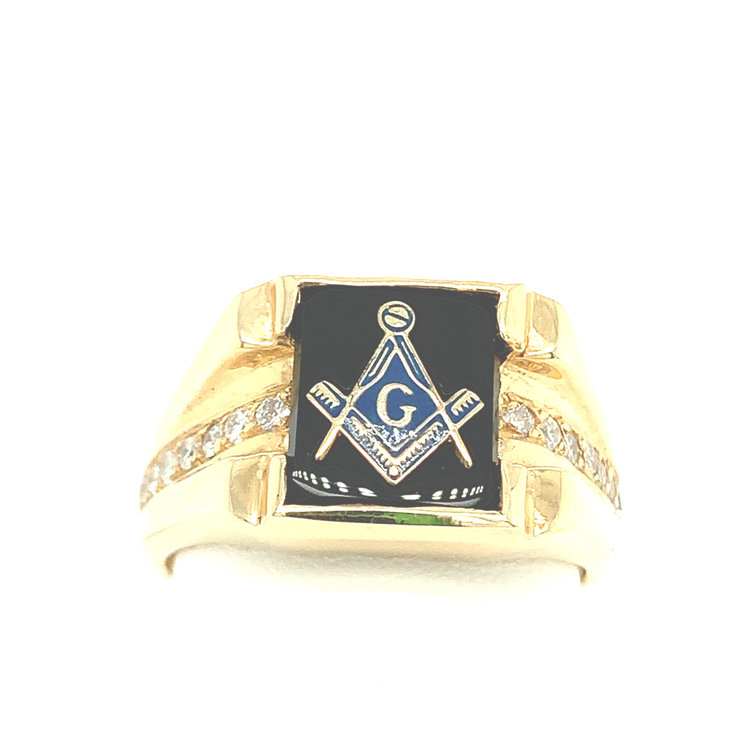 45179 14K YELLOW GOLD ONYX  MASON RING WITH .21CT DIAMONDS ALONG THE SIDE