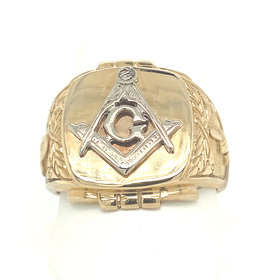 45216 10K YELLOW GOLD MENS SIGNET MASONIC SYMBOL RING