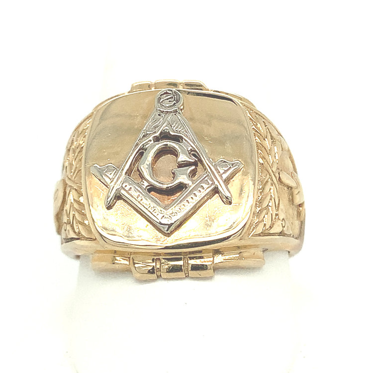 45216 10K YELLOW GOLD MENS SIGNET MASONIC SYMBOL RING