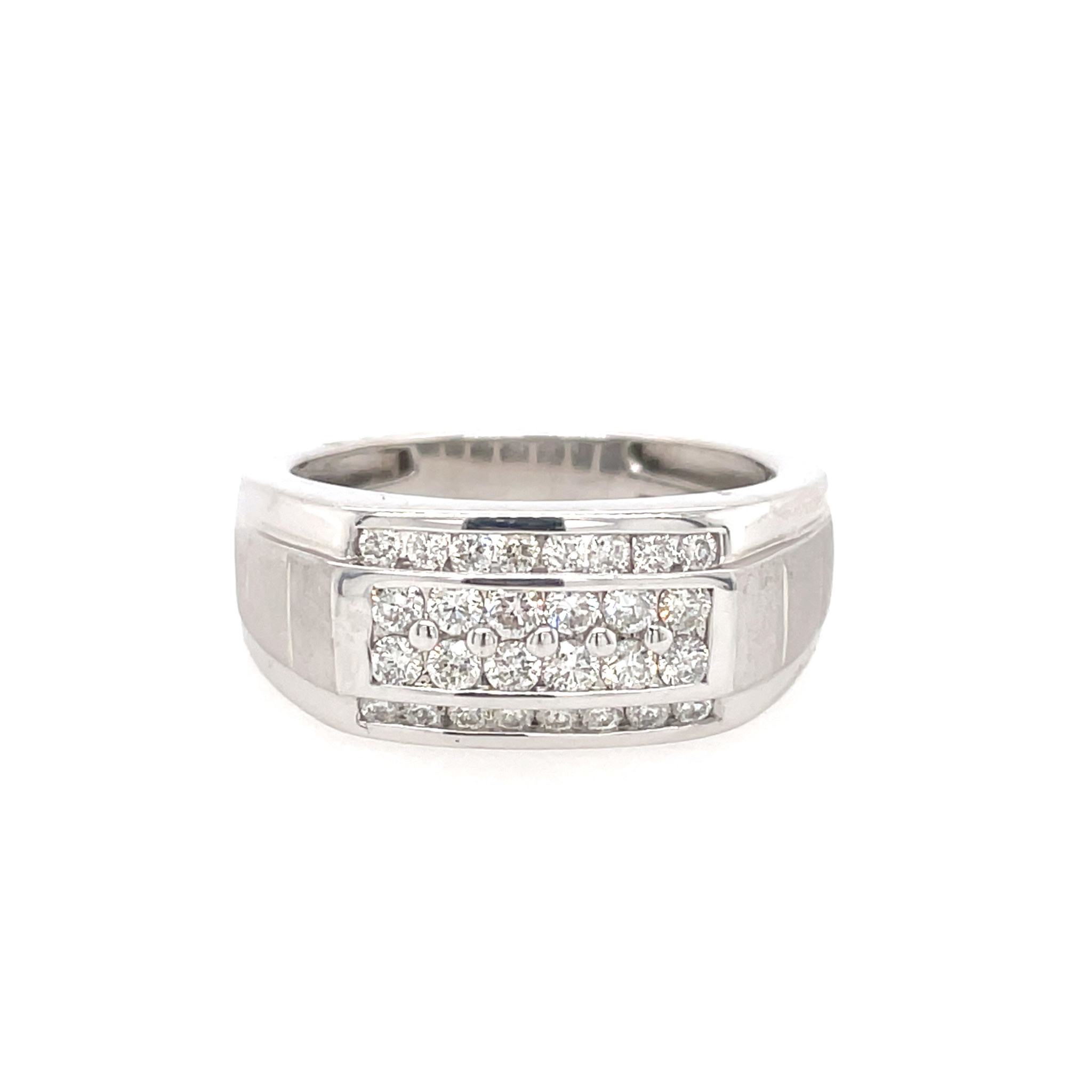 45003 10K WHITE GOLD .75TCW DIAMOND CHANNEL SET SATIN AND HIGH POLISH MENS SIGNET RING