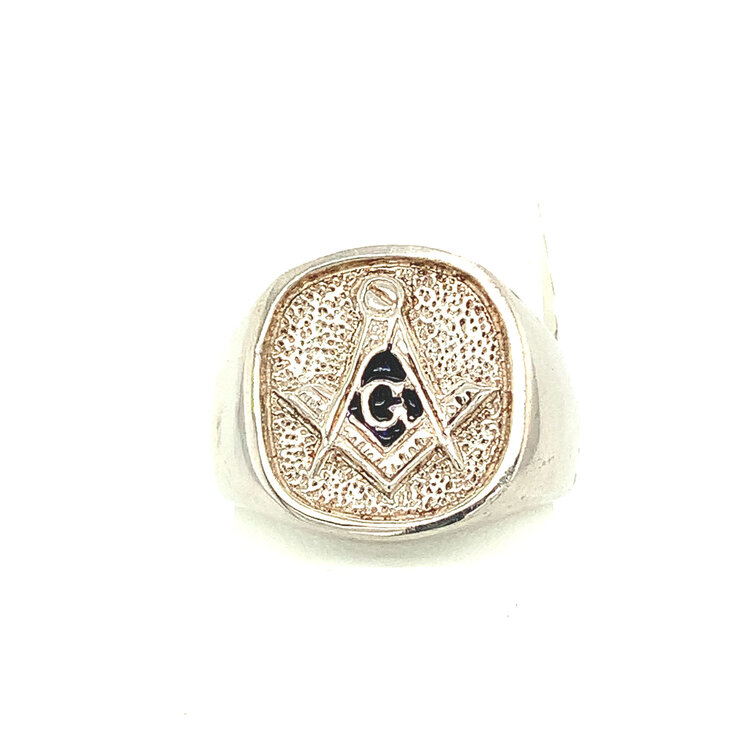 81027 STERLING SILVER ENAMEL SIGNET COMPASS MASON RING