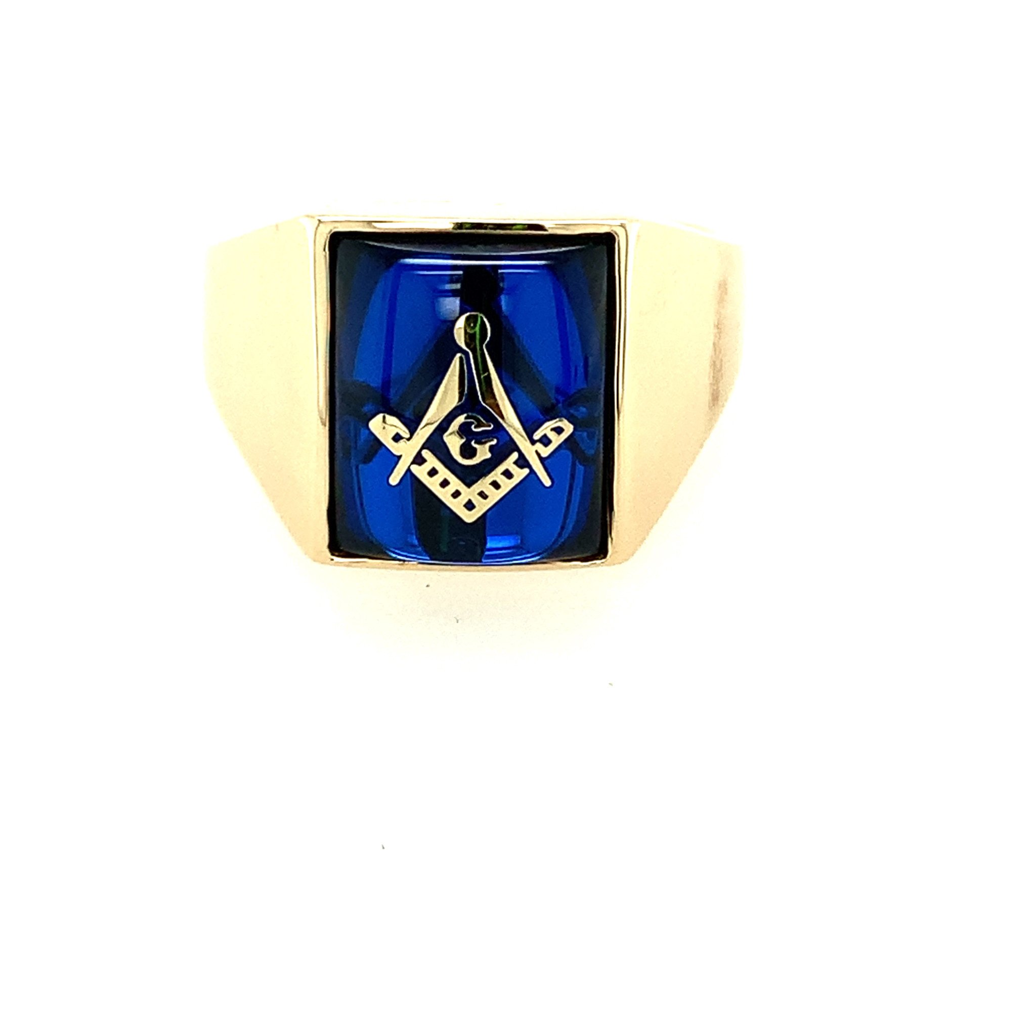45013 10K YELLOW GOLD MASONIC RING WITH A RECTANGLE SAPPHIRE