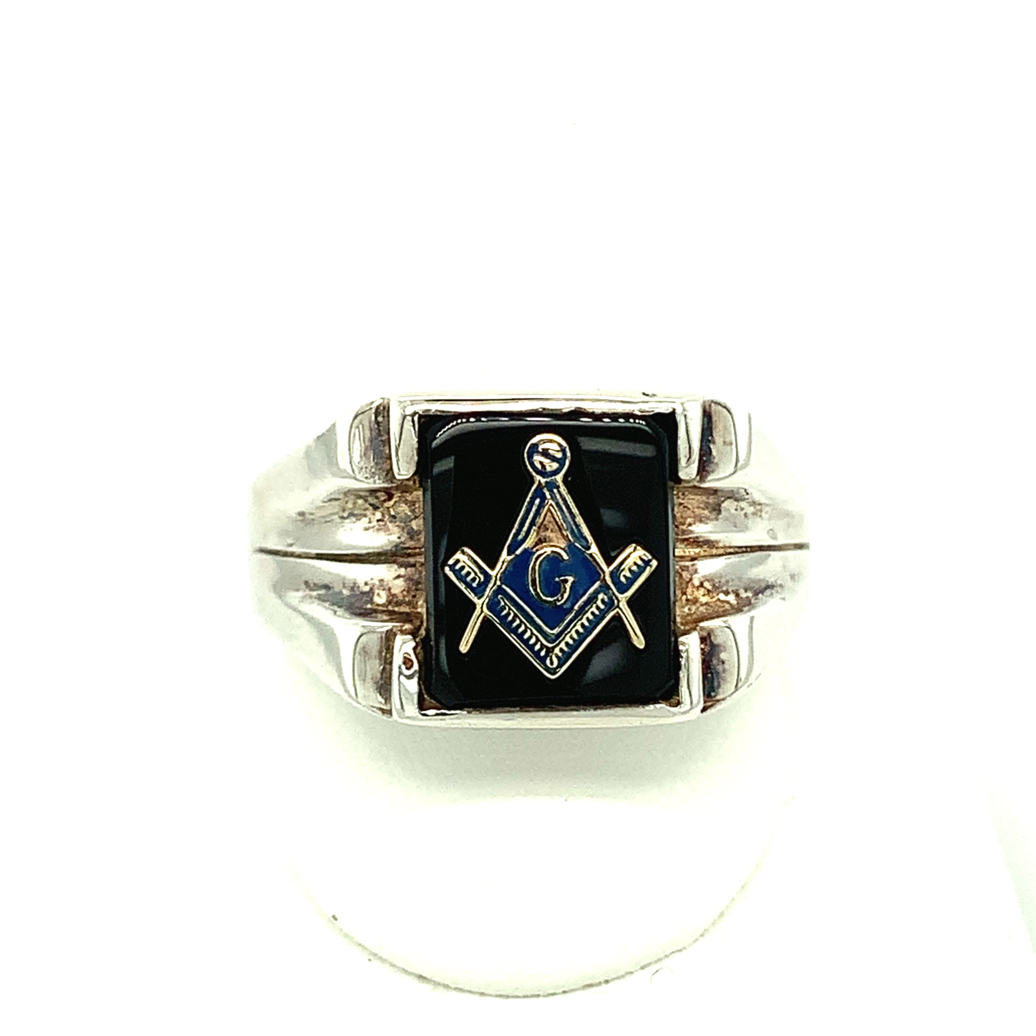 45098 STERLING SILVER SQUARE BLACK ONYX WITH YELLOW GOLD G MASON RING
