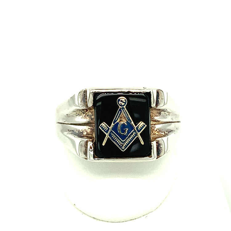 45098 STERLING SILVER SQUARE BLACK ONYX WITH YELLOW GOLD G  MASON RING