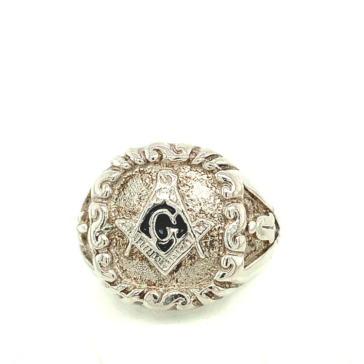 81028 STERLING SILVER ENAMEL DESIGN EDGE SIGNET MASON RING